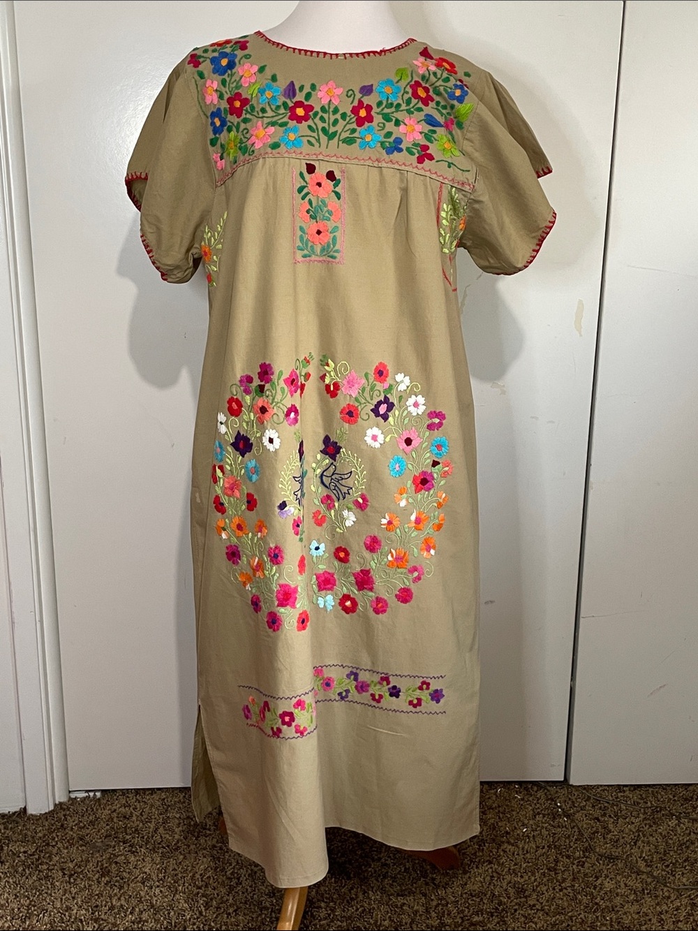 Vintage Hand Embroidered Khaki Mexican Puebla  Maxi Dress